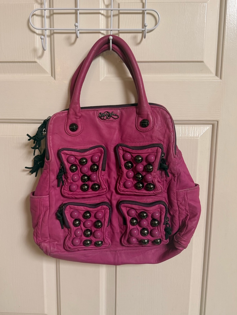 VTG Y2K RARE Betsey Johnson 100% Leather Pink Studded Tote Handbag